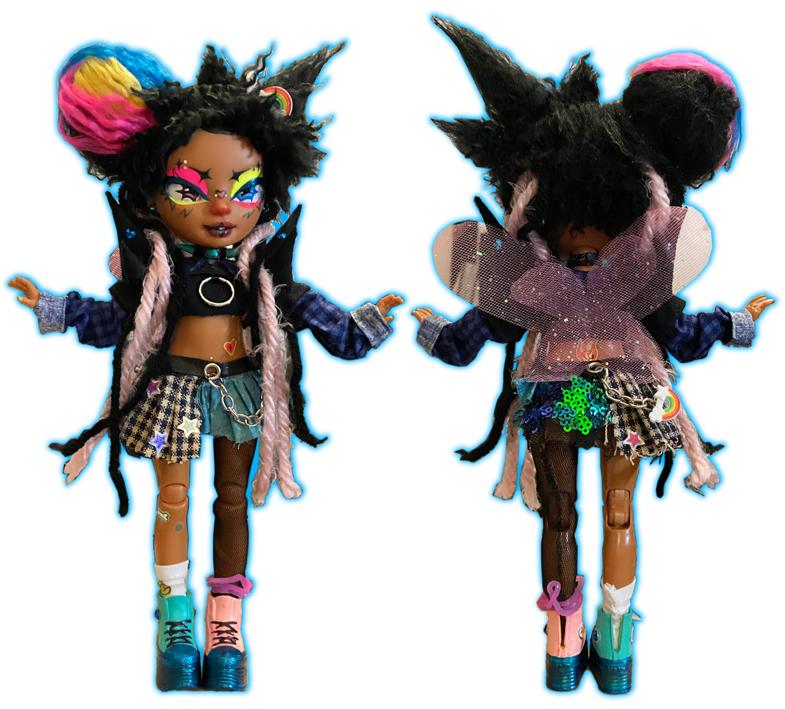 "suburbia" character doll 2022 doll body, clay, acrylic, watercolor pencil, fabric, yarn, hardware, rhinestones