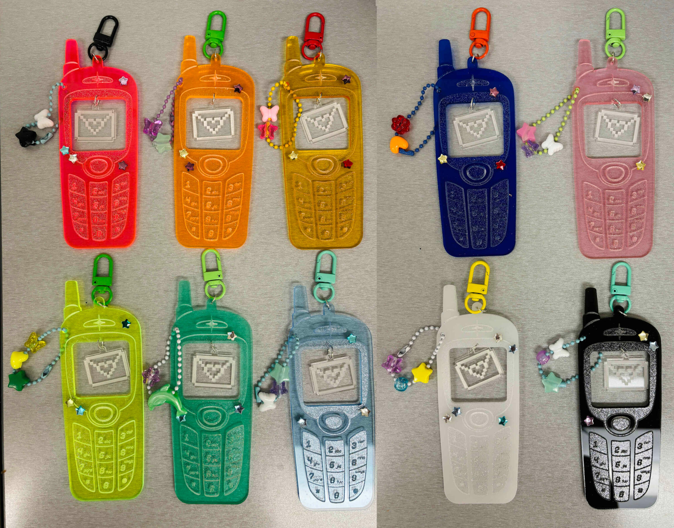 cellphone keychains 2024 laser cut acrylic, clasps, jump rings, ball chains, beads, rhinestones, glitter spray